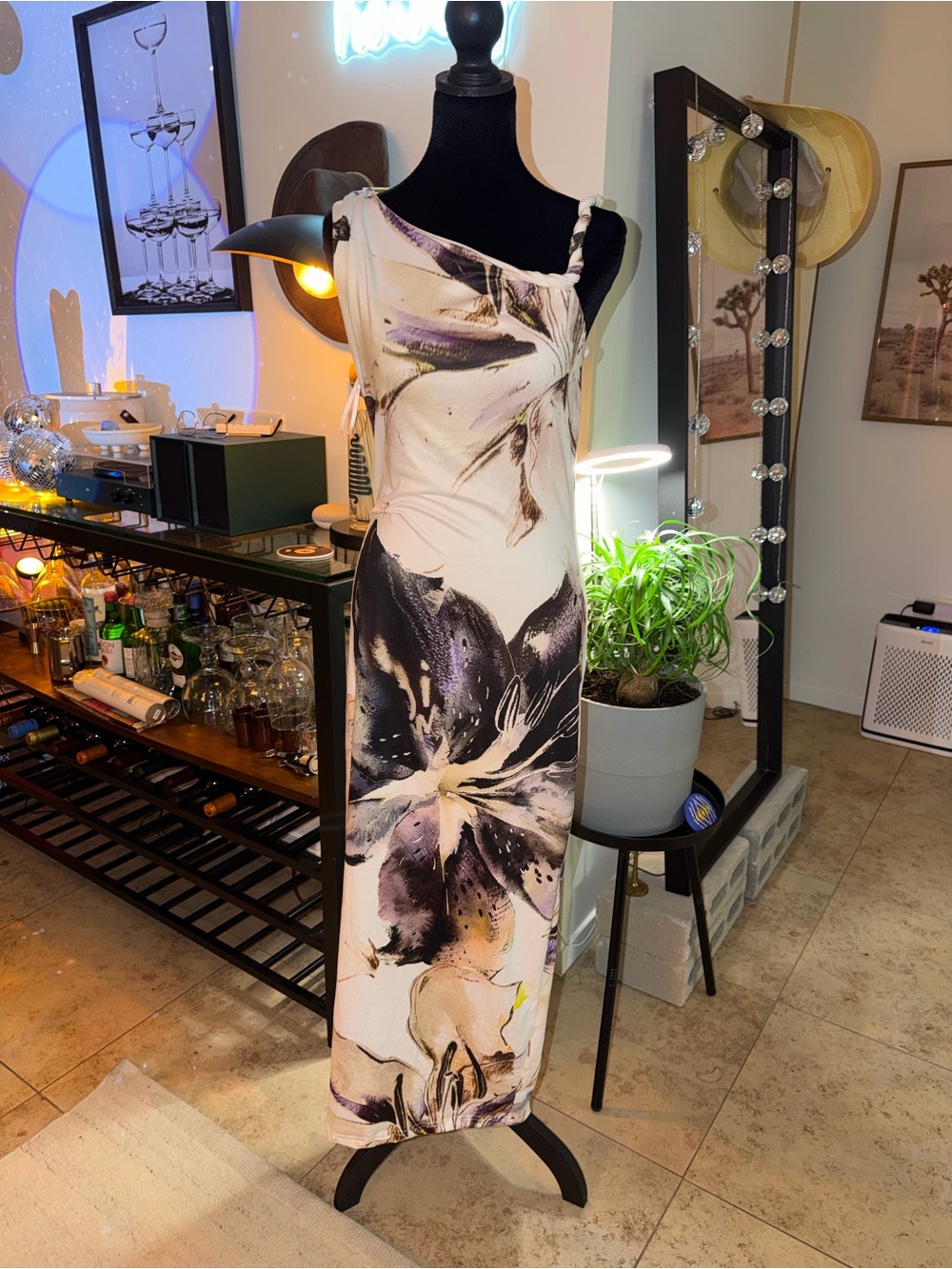 Amazon One-Shoulder Floral Maxi Dress in Ivory, Black and Purple